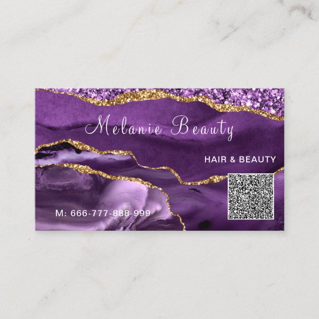 Visite Votre QR Code Info Agate Purple Gold Carte de visi (Devant)