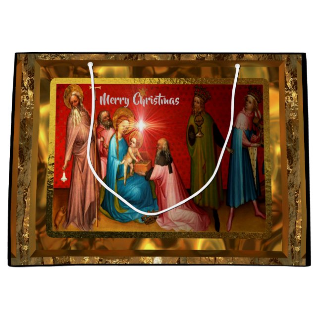 Visiting Baby Jesus Christmas Large Gift Bag (Front)