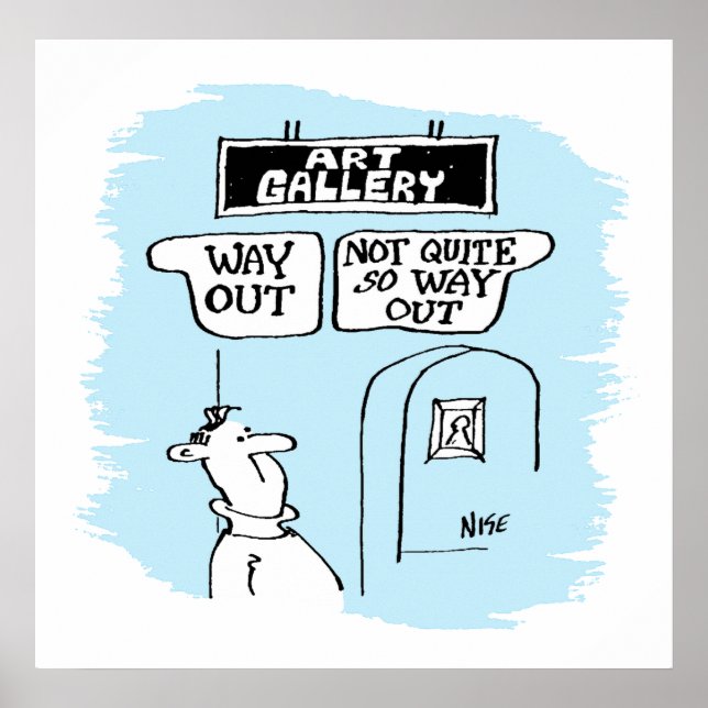 Visitor amused by signs in an art gallery poster (Front)