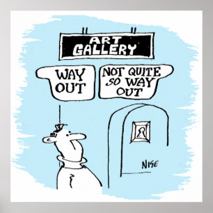 Visitor is bemused by signs in an art gallery