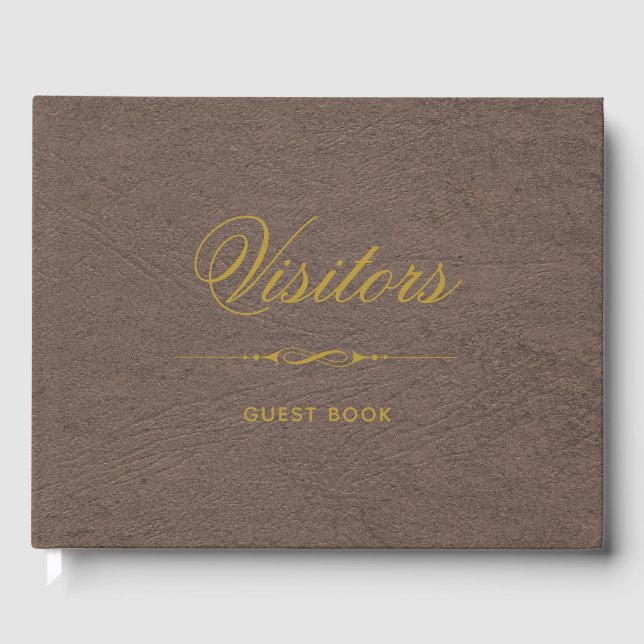 Visitors Elegant Faux Leather and Gold Guest Book (Front)