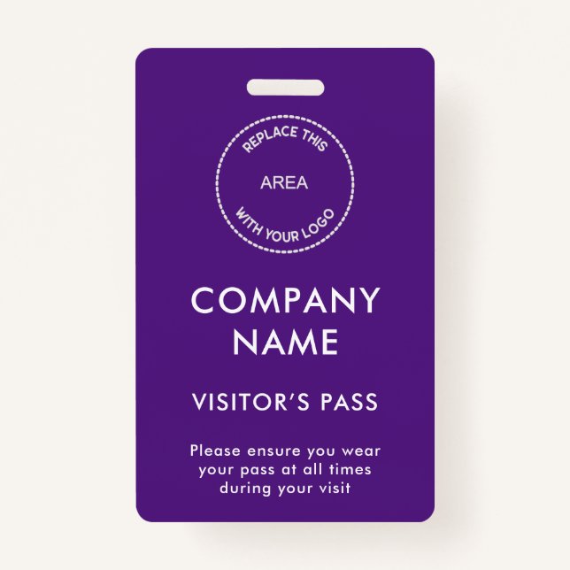 Visitors Pass Company Name Logo Purple White Badge (Front)
