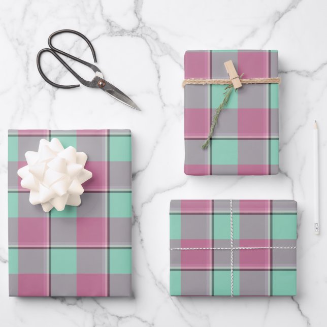 Vista Blue and Turkish Rose Plaid Green Pink Wrapping Paper Sheet (Front)