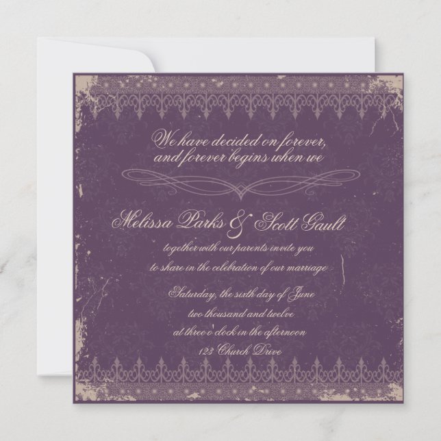 Vitage eggplant damask wedding invitation (Front)