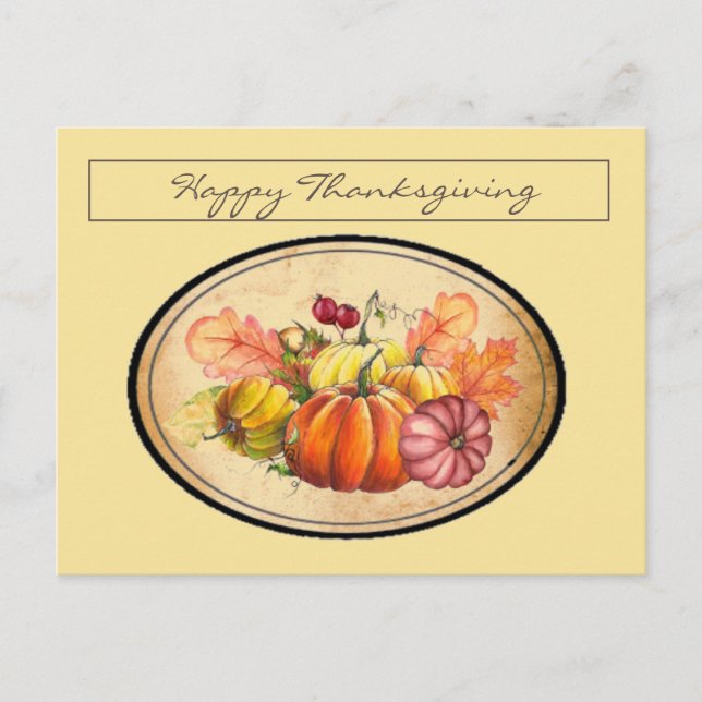 Vitage Retro Thanksgiving Pumpkins & Fall Leaves Postcard (Front)