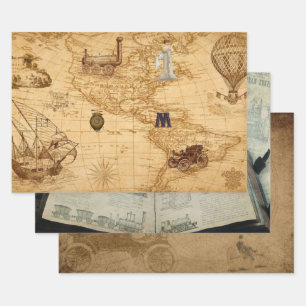 Vitage Steampunk Themed Old World Map, Engineering Wrapping Paper Sheet