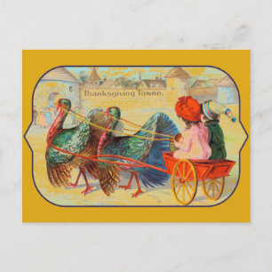 Vitage Turkey Kids Happy Thanksgiving Day Greeting Holiday Postcard