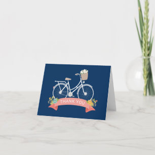 Vitnage Bicycle Floral Navy Blue Coral Thank You Card