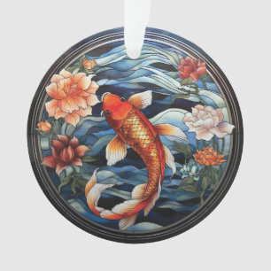 Vitrail asiatique style Koi Poisson et Camellias
