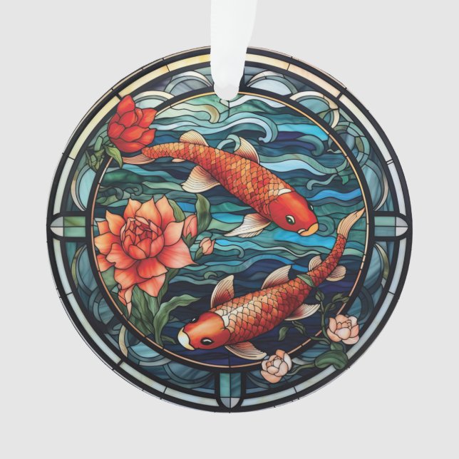Vitrail asiatique style Koi Poisson et Camellias (devant)