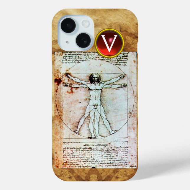VITRUVIAN MAN Antique Parchment Red Ruby Monogram Case-Mate iPhone Case (Back)