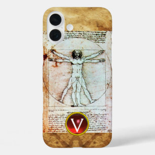 VITRUVIAN MAN Antique Parchment Red Ruby Monogram iPhone 16 Plus Case