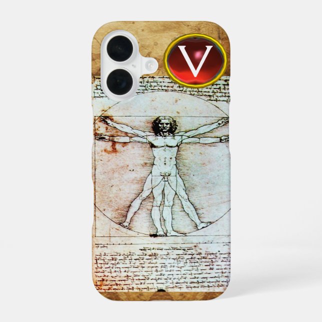 VITRUVIAN MAN Antique Parchment Red Ruby Monogram iPhone 16 Case (Back)