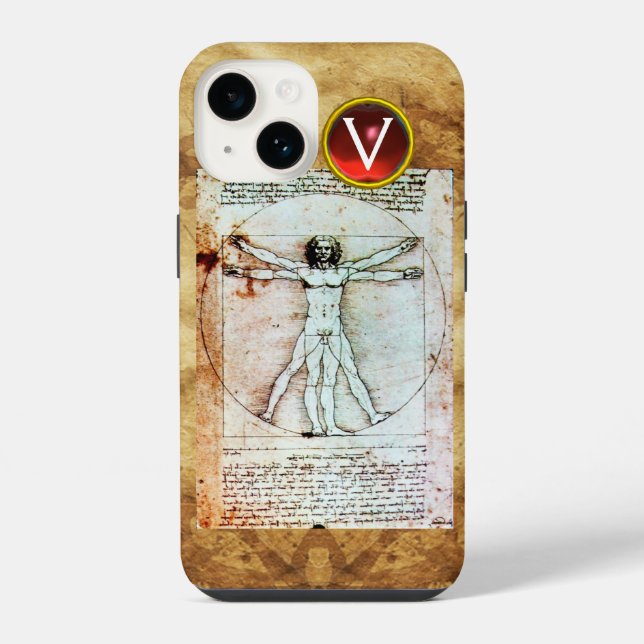 VITRUVIAN MAN Antique Parchment Red Ruby Monogram iPhone Case (Back)