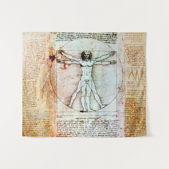 VITRUVIAN MAN Leonardo Da Vinci Antique Parchment Tapestry (Front (Horizontal))