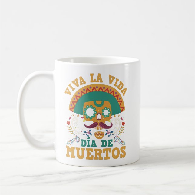 Viva La Vida Dia De Muertos Mexican Floral Skull Coffee Mug (Left)