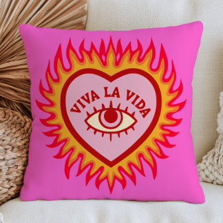 Viva La Vida Evil Eye Heart in Flames Pink Throw Pillow