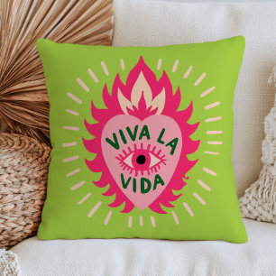Viva La Vida Pink Evil Eye Heart in Flames Green Throw Pillow
