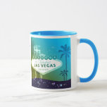 Viva Las Vegas Cyan Blue Wedding Gift Mug<br><div class="desc">Glamourous Las Vegas strip sign, palm tree silhouettes, glittering little stars and cyan blue background illustrated on custom Mugs. All the sample text can be fully personalized with your own wording. Feel free to change the colours, fonts & sizes of the text as well. ((Contact ujean4791@gmail.com for custom work and/or...</div>