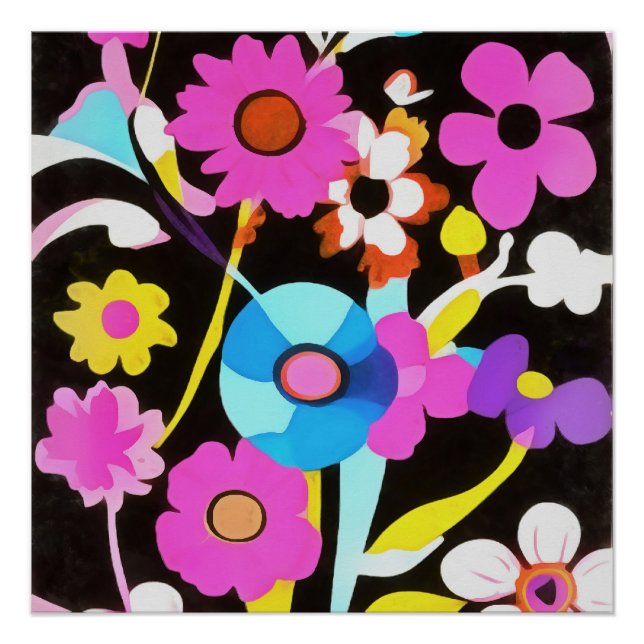 Viva Magenta Abstract Retro Boho Spring Flowers Poster (Front)