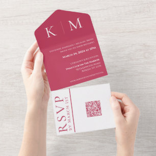 Viva Magenta and White-Monogram-Modern-Wedding- All In One Invitation