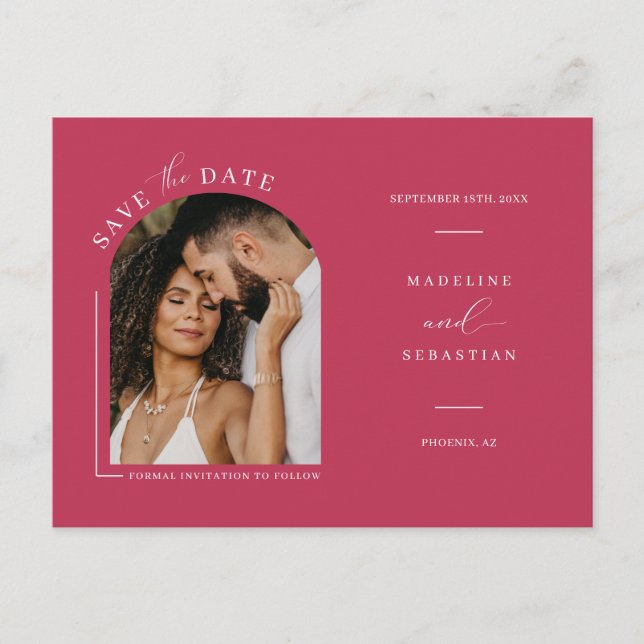 Viva Magenta Boho Arch Photo QR Code Save the Date Postcard (Front)