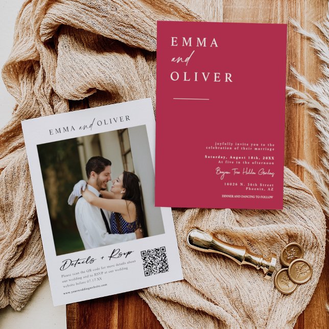 Viva Magenta Boho Minimal Wedding QR Code Photo Invitation (Creator Uploaded)