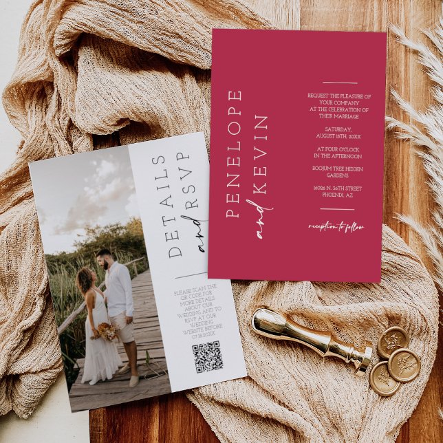 Viva Magenta Boho Wedding Photo QR Code RSVP Invitation (Creator Uploaded)
