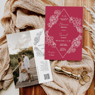 Viva Magenta Botanical Line Art Boho QR Code Photo Invitation