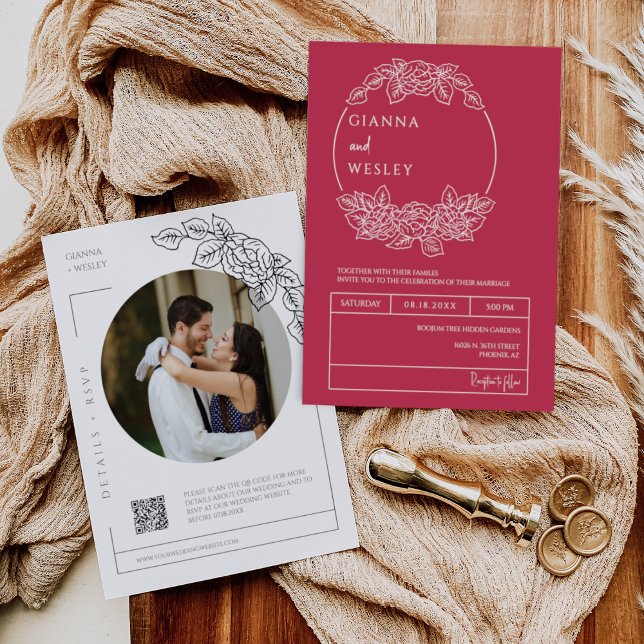 Viva Magenta Botanical Line Art QR Code Photo  Invitation (Creator Uploaded)