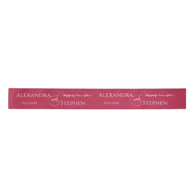 Viva Magenta Chic Calligraphy Couple Name Wedding Satin Ribbon (Front)