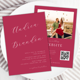 Viva Magenta Delicate Script Qr Code Photo Wedding Invitation