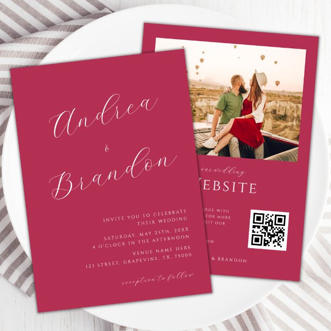 Viva Magenta Delicate Script Qr Code Photo Wedding Invitation (Creator Uploaded)