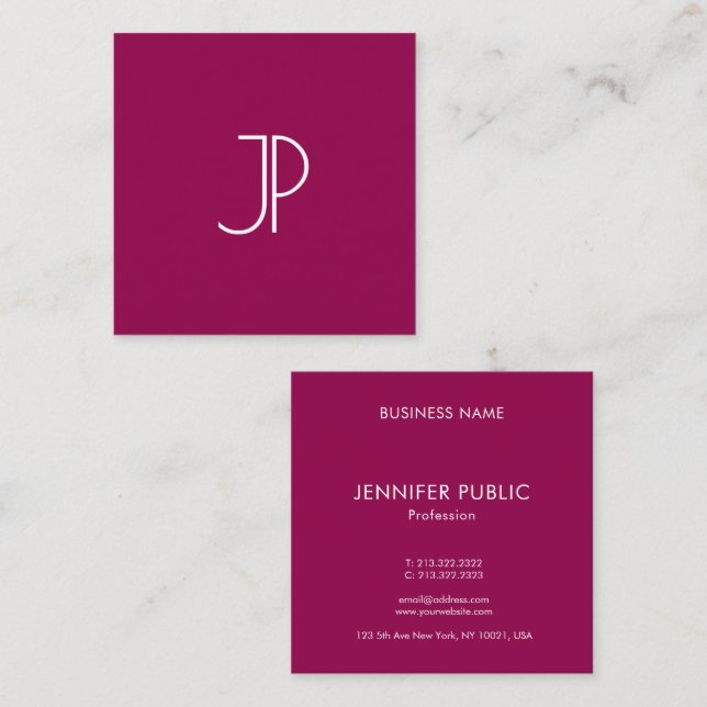 Viva Magenta Elegant Trend Colour Monogram Initial Square Business Card (Front/Back)