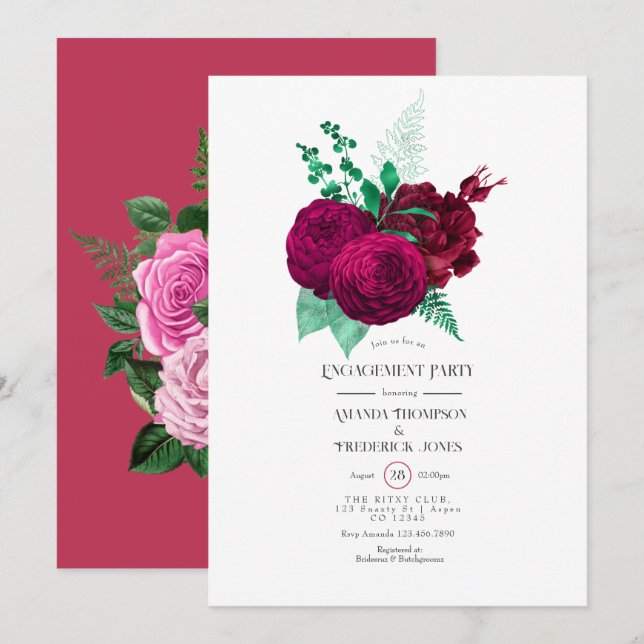 Viva Magenta Floral Engagement Party Invitation (Front/Back)