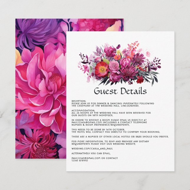 Viva Magenta Floral Wedding Guest Details Enclosure Card (Front/Back)