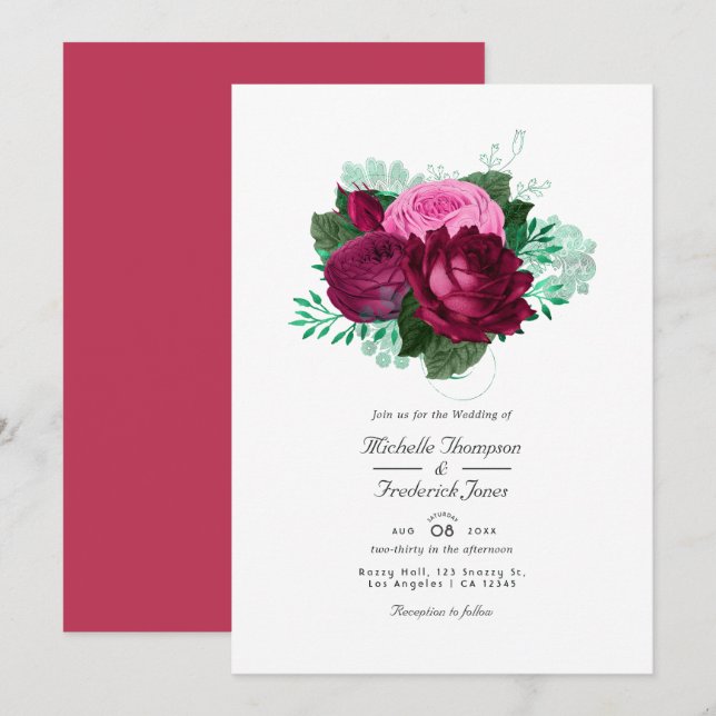 Viva Magenta Floral Wedding Invitation (Front/Back)