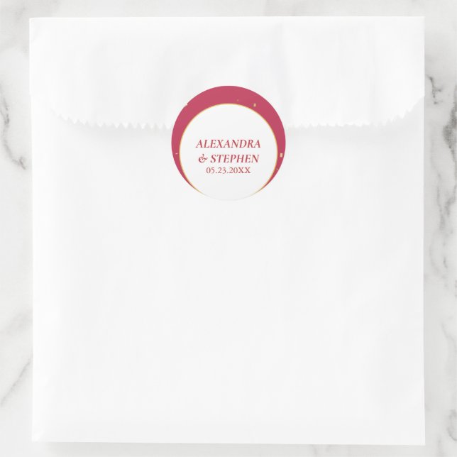 Viva Magenta Gold Calligraphy Couple Name Wedding Classic Round Sticker (Bag)