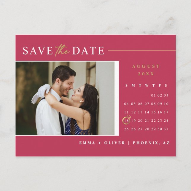 Viva Magenta Gold Save the Date Calendar QR Code Postcard (Front)
