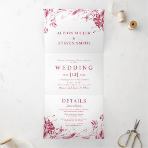 Viva magenta line art flowers photo wedding Tri-Fold invitation