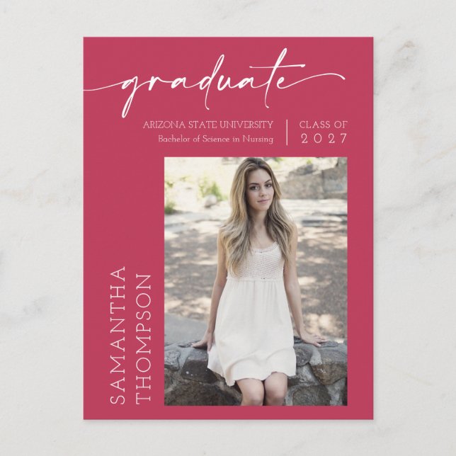 Viva Magenta Minimal Script She Did It Photo Grad Postcard (Front)