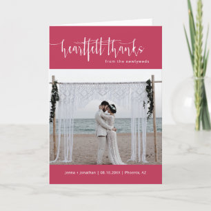 Viva Magenta Minimal Script Wedding Photo Folded Thank You Card