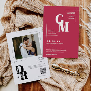 Viva Magenta Modern Minimal Wedding QR Code Photo Invitation