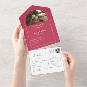 Viva Magenta Modern Minimalist Arch Photo QR Code All In One Invitation