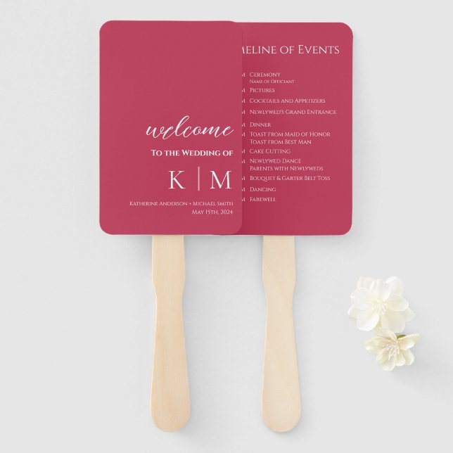 Viva Magenta-Modern- Monogram-Wedding Program- Hand Fan (Front and Back)