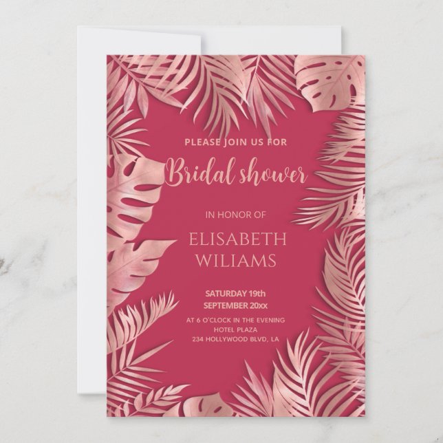 Viva magenta rose gold tropical leaves romantic invitation (Front)