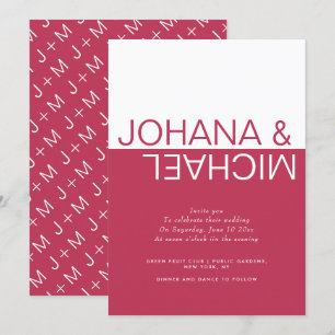 Viva magenta, white colour block whimsical wedding invitation