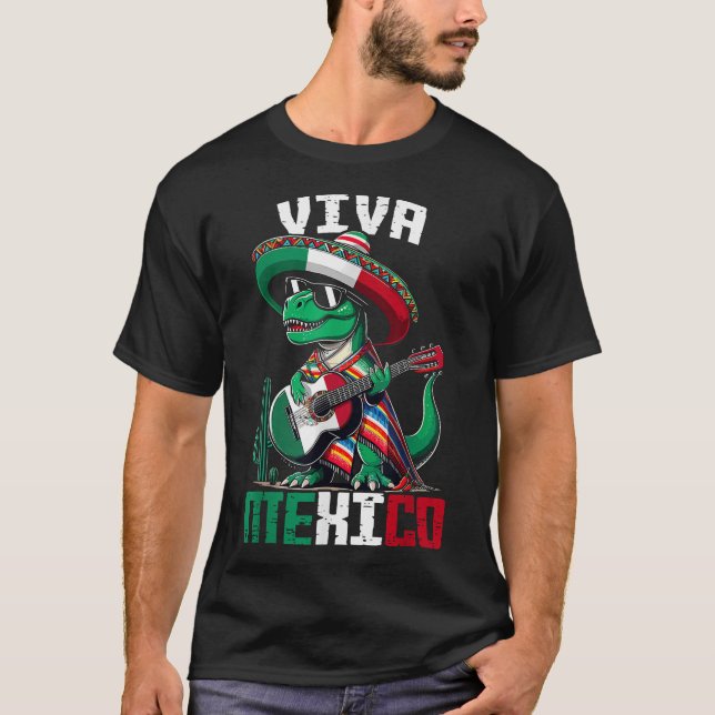Viva Mexico Dinosaur Guitar Mexican Flag Fiesta  T-Shirt (Front)