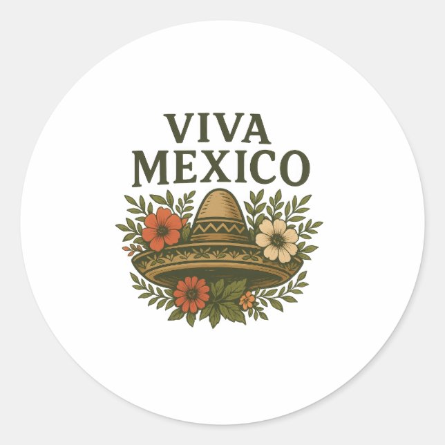 Viva Mexico Floral Sombrero Illustration Classic Round Sticker (Front)