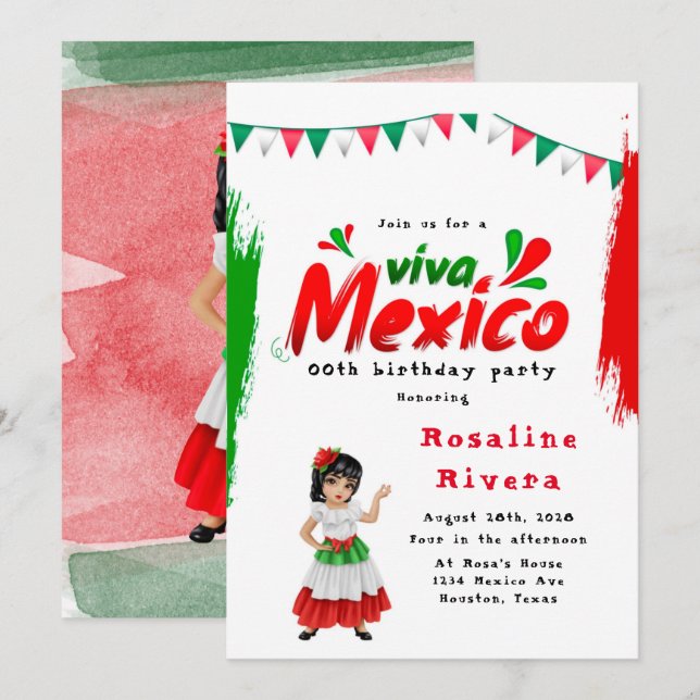 Viva Mexico Girl 00th Birthday Party  Invitation (Front/Back)